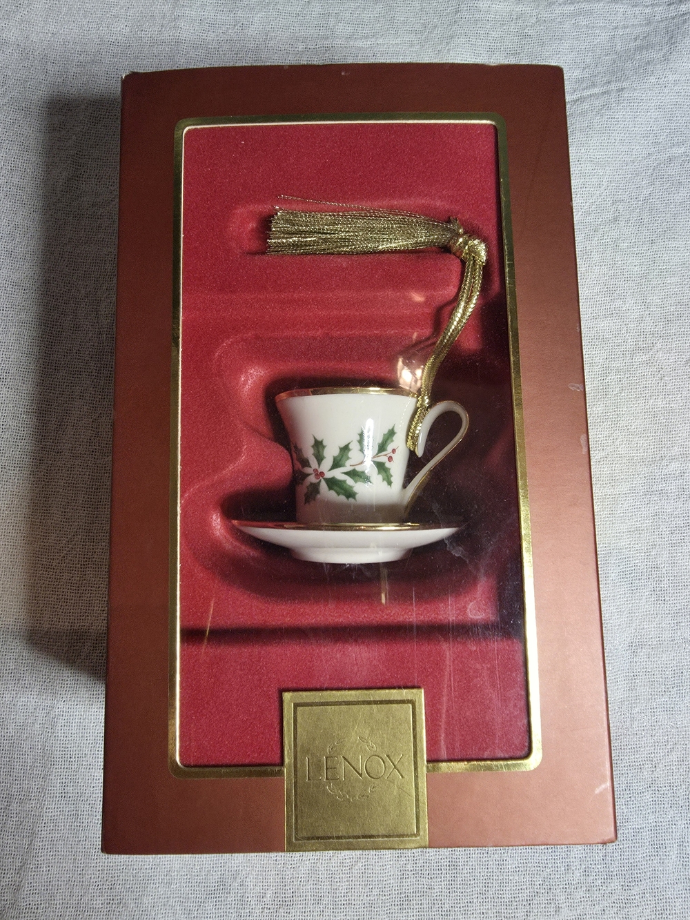 Lenox Holiday Teacup and Saucer Ornament - White with Green Holly Open Box